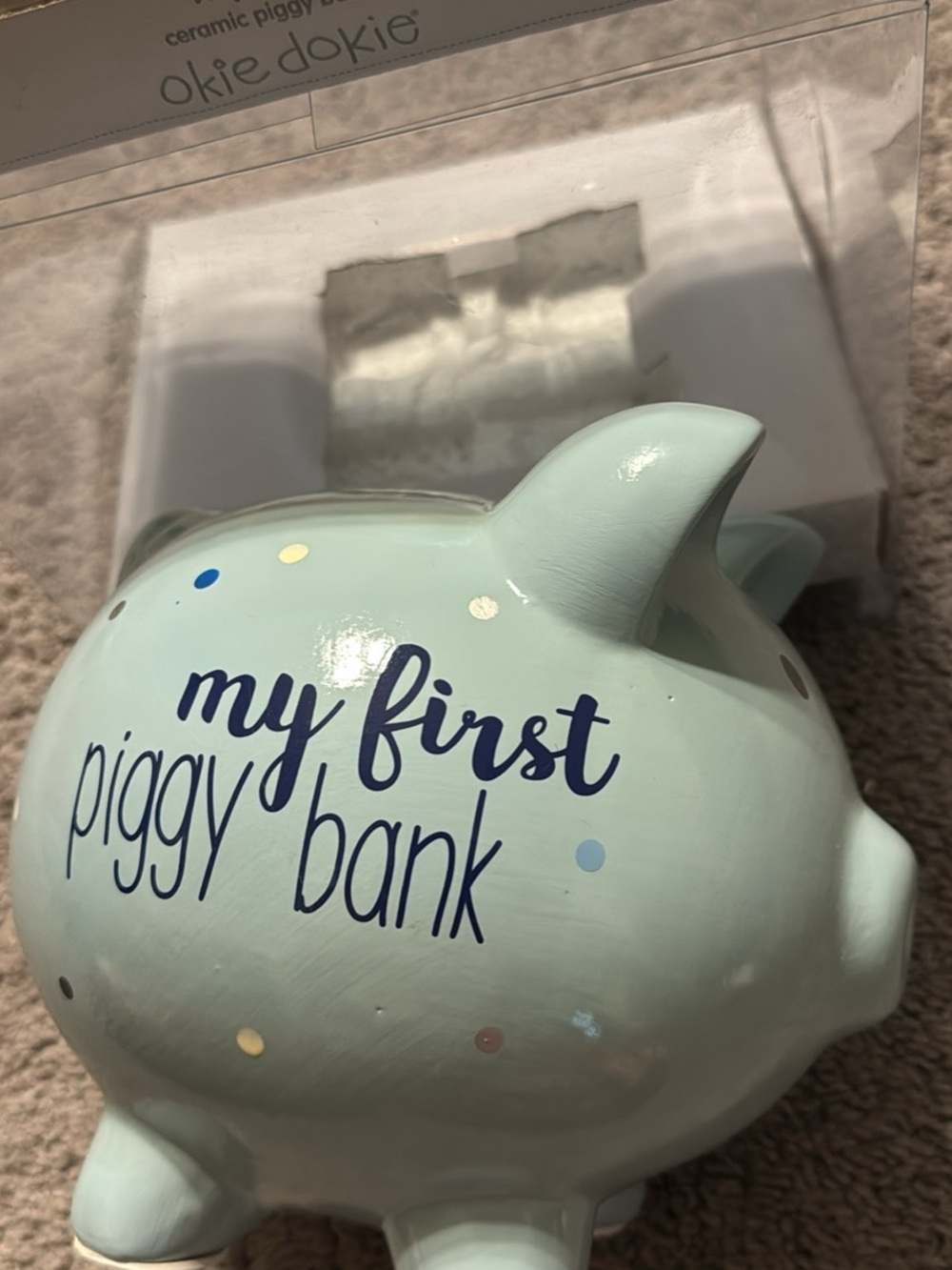 okie dokie Mint Blue "my first piggy bank" Ceramic Piggy Bank